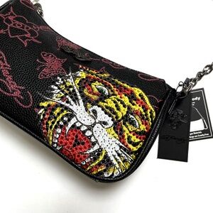NWT Original ED HARDY Rhinestone Tiger Baguette Shoulder Bag Crossbody Heart BLK